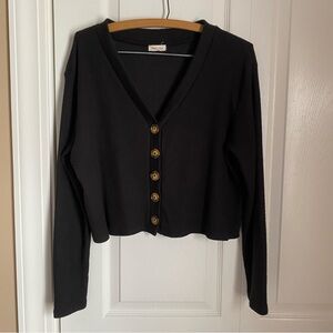 Heart Hips Black Ribbed Knit Cardigan Sweater Top L Fall Office Casual Chic